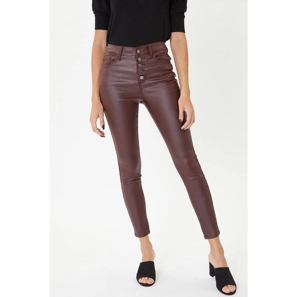 KanCan Burgundy Faux‎ Leather High Rise Skinny Jeans Women’s 7/27 Button Fly